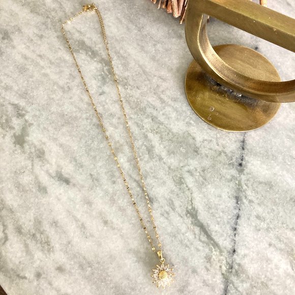 Sunflower Burst Cubic Zirconia Gold Toned Stainless Steel Necklace - Picture 3 of 5